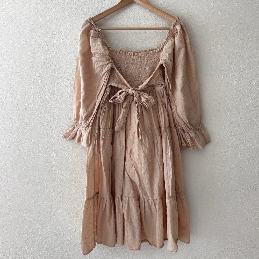 R.Vivimos L Beige Dotted Swiss Cotton Peasant A-Line Dress Smocked Puff Sleeve